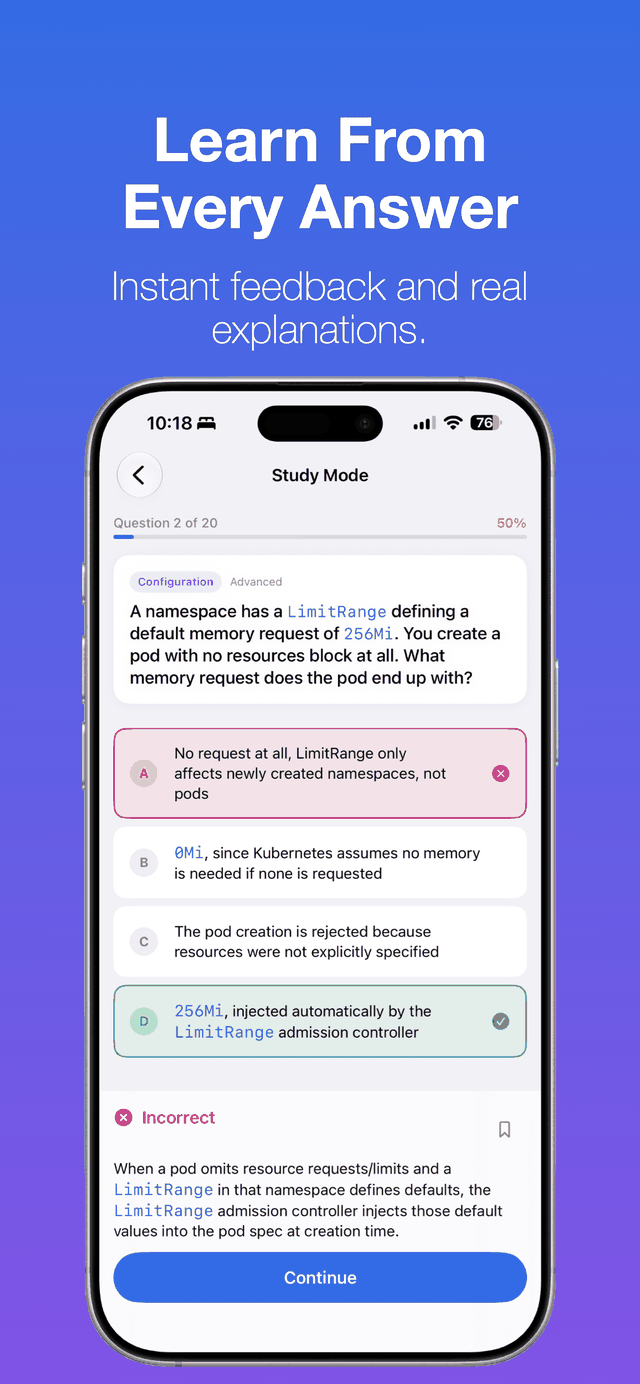 K8s Guide Study mode showing a multiple-choice question with instant feedback and a detailed explanation