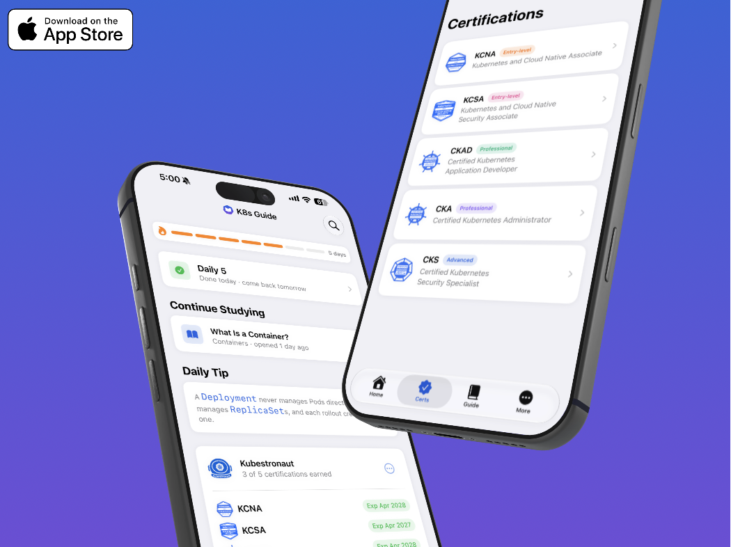 K8s Guide app shown on iPhone with Study mode, Certifications tracking, and the Download on the App Store badge